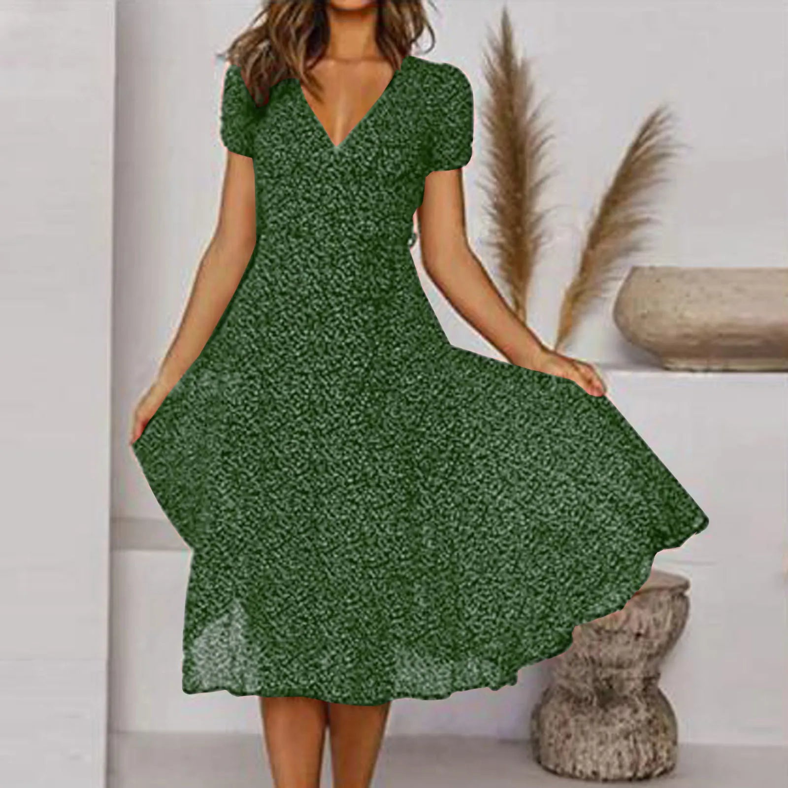 Bohemian Summer Women 2025 Short Sleeve V Neck Tie Waist A-Line Vacation For Women Fashion Holiday Sun Midi Dress