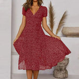 Bohemian Summer Women 2025 Short Sleeve V Neck Tie Waist A-Line Vacation For Women Fashion Holiday Sun Midi Dress