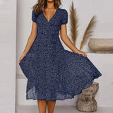 Bohemian Summer Women 2025 Short Sleeve V Neck Tie Waist A-Line Vacation For Women Fashion Holiday Sun Midi Dress