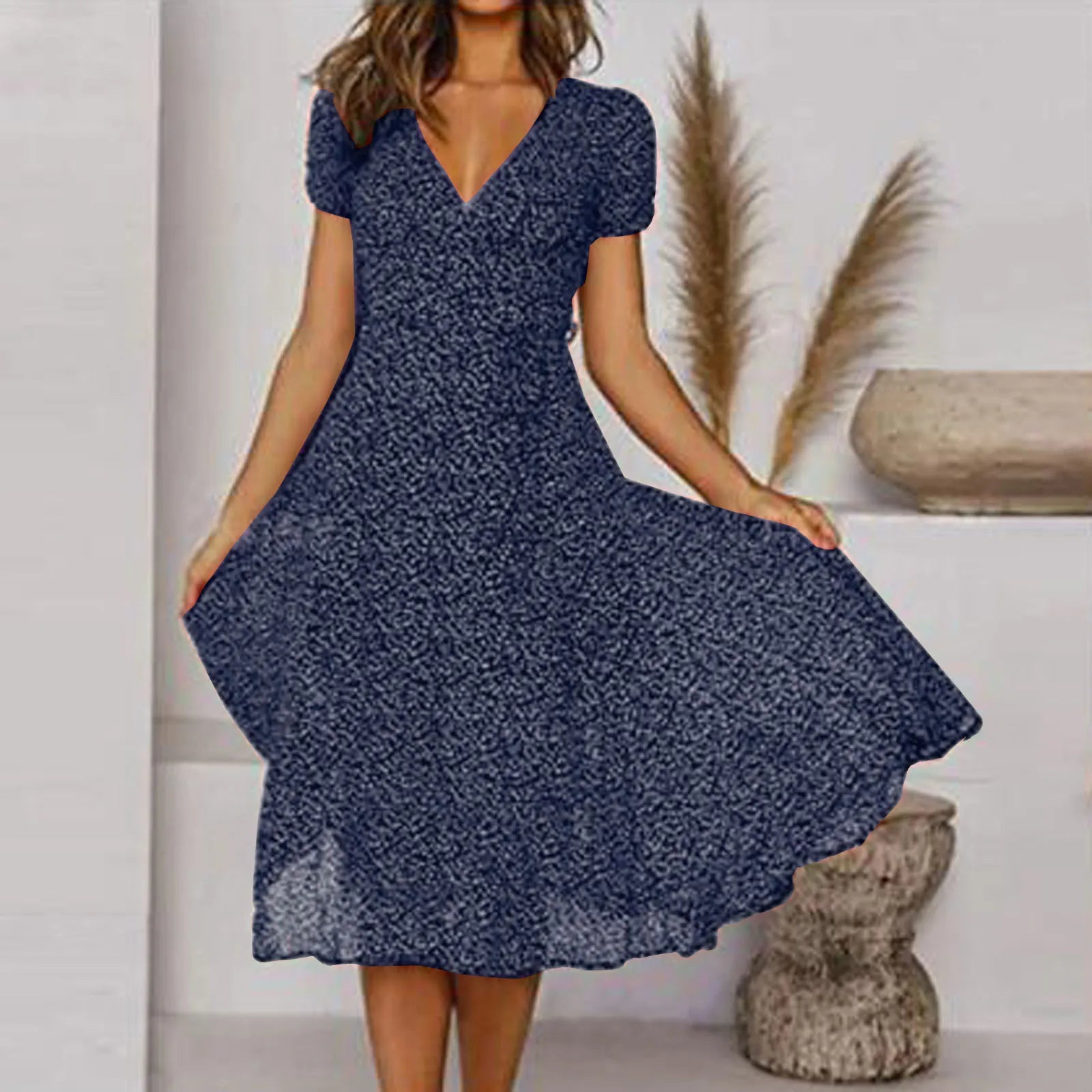 Bohemian Summer Women 2025 Short Sleeve V Neck Tie Waist A-Line Vacation For Women Fashion Holiday Sun Midi Dress