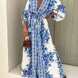 Vintage Spring Pattern Print Deep V-Neck Maxi Boho Dress