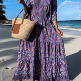 Vintage Spring Pattern Print Deep V-Neck Maxi Boho Dress