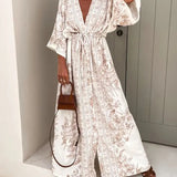 Vintage Spring Pattern Print Deep V-Neck Maxi Boho Dress