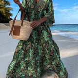 Vintage Spring Pattern Print Deep V-Neck Maxi Boho Dress