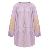 Cotton Floral Embroidery O-neck Boho Dress