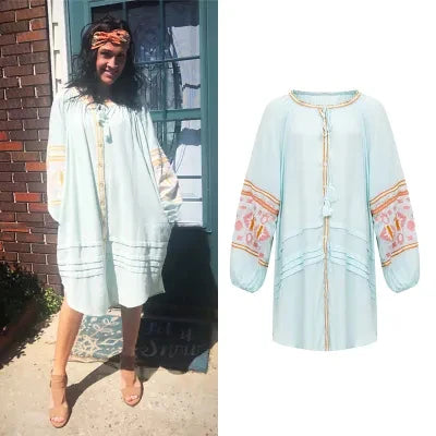 Cotton Floral Embroidery O-neck Boho Dress
