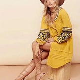 Cotton Floral Embroidery O-neck Boho Dress