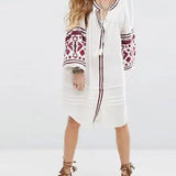 Cotton Floral Embroidery O-neck Boho Dress