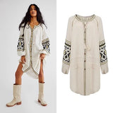 Cotton Floral Embroidery O-neck Boho Dress