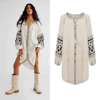 Cotton Floral Embroidery O-neck Boho Dress