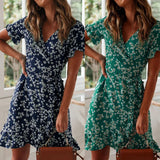 Boho Floral Print 2025 Summer Sexy V Neck Short Sleeve A Line Chiffon Beach Vacation Mini Dress