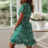 Boho Floral Print 2025 Summer Sexy V Neck Short Sleeve A Line Chiffon Beach Vacation Mini Dress