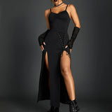 Bold Shade Punk Gothic High Split Sexy Midi Dress Grunge Partywear Ruched Sling Bandage Slim Backless Club Dress