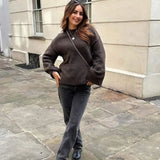 Brown Round Neck Knit Pullover Woman Chic Long Sleeves Loose Sweater