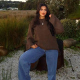 Brown Round Neck Knit Pullover Woman Chic Long Sleeves Loose Sweater