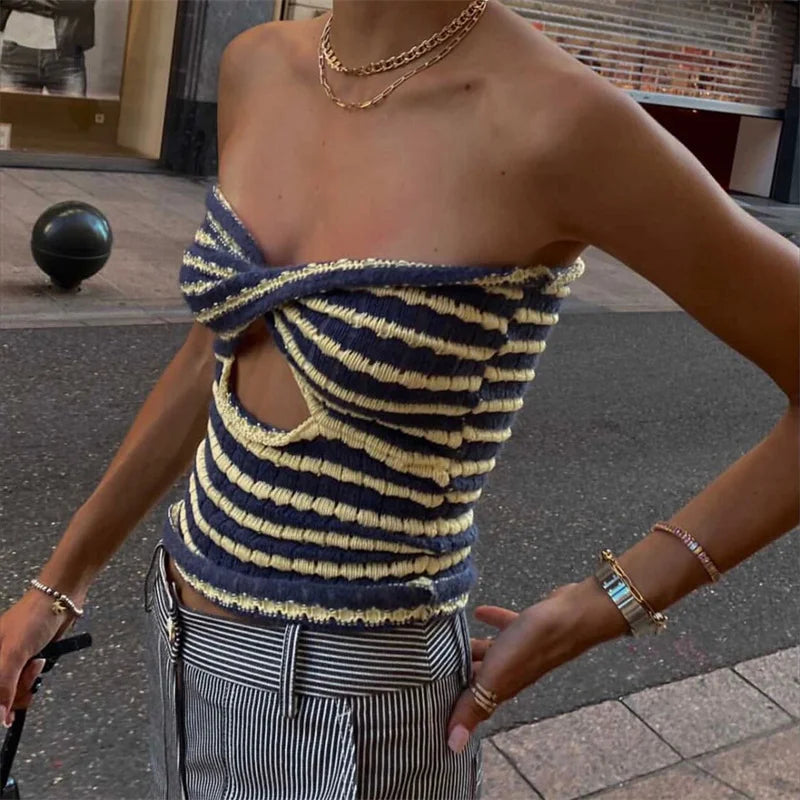 Strapless Knitted Tube Top Vest Hollow Out Sleeveless Summer Autumn Backless Y2K Tank Vintage Fashion Crop Tops