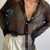 Mesh See Through Women's Lapel Button-Down Tops Spring Autumn Solid Casual Blouse