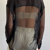 Mesh See Through Women's Lapel Button-Down Tops Spring Autumn Solid Casual Blouse