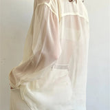 Mesh See Through Women's Lapel Button-Down Tops Spring Autumn Solid Casual Blouse