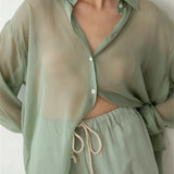 Mesh See Through Women's Lapel Button-Down Tops Spring Autumn Solid Casual Blouse