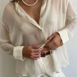 Mesh See Through Women's Lapel Button-Down Tops Spring Autumn Solid Casual Blouse