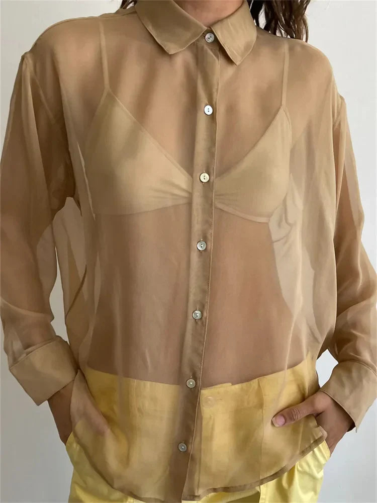 Mesh See Through Women's Lapel Button-Down Tops Spring Autumn Solid Casual Blouse