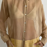 Mesh See Through Women's Lapel Button-Down Tops Spring Autumn Solid Casual Blouse