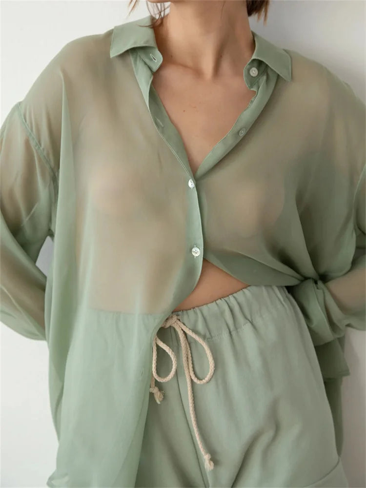 Mesh See Through Women's Lapel Button-Down Tops Spring Autumn Solid Casual Blouse