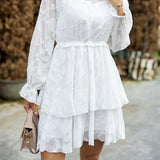 Elegant High Waist Lace Floral Mesh Long Sleeve Mini Dres