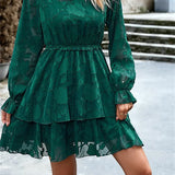 Elegant High Waist Lace Floral Mesh Long Sleeve Mini Dres
