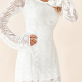 Elegant Solid Flare Long Sleeve Lace Bodycon Mini Dress