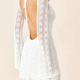 Elegant Solid Flare Long Sleeve Lace Bodycon Mini Dress