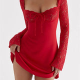 Elegant Lace Floral Long Sleeve Mini Dress