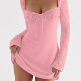 Elegant Lace Floral Long Sleeve Mini Dress