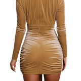 Elegant Solid Deep V-Neck Long Sleeve Mini Dress