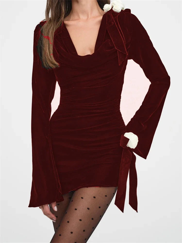 Elegant V-Neck Ruched 3D Flower Mini Dress