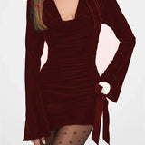 Elegant V-Neck Ruched 3D Flower Mini Dress