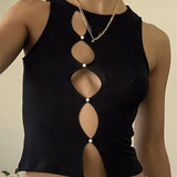Hollow Out Cropped Summer  Sleeveless Irregular Buttons Up Black Solid Mini Vest Club Streetwear Crop Tops