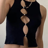 Hollow Out Cropped Summer  Sleeveless Irregular Buttons Up Black Solid Mini Vest Club Streetwear Crop Tops