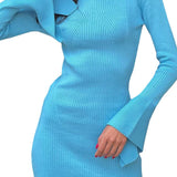 Knitted Ribbed Long Flare Sleeve Round Neck Mini Dress