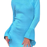 Knitted Ribbed Long Flare Sleeve Round Neck Mini Dress