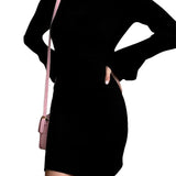 Knitted Ribbed Long Flare Sleeve Round Neck Mini Dress
