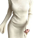 Knitted Ribbed Long Flare Sleeve Round Neck Mini Dress