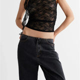Lace Floral See Through Tank for Women Mesh Sheer Sleeveless Tassels Sexy Black Slim Mini Vests Streetwear  Crop Tops