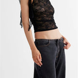 Lace Floral See Through Tank for Women Mesh Sheer Sleeveless Tassels Sexy Black Slim Mini Vests Streetwear  Crop Tops