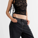 Lace Floral See Through Tank for Women Mesh Sheer Sleeveless Tassels Sexy Black Slim Mini Vests Streetwear  Crop Tops