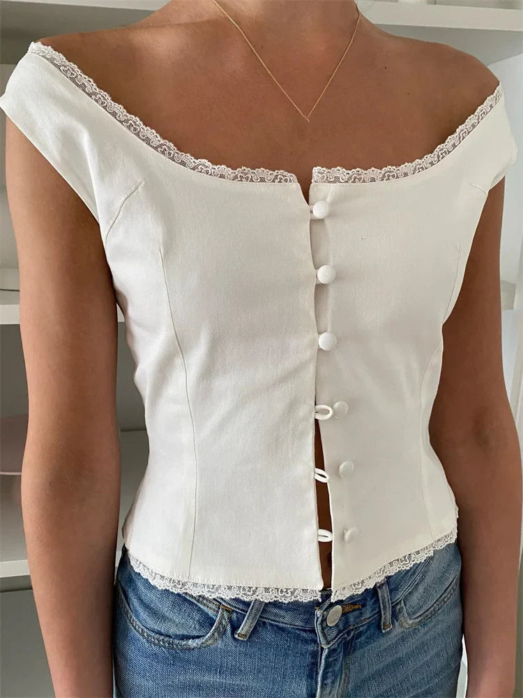 Low Cut O-neck Tank Elegant Buttons Up Lace Patchwork White Solid Sleeveless Vest Streetwear Crop Tops