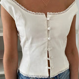 Low Cut O-neck Tank Elegant Buttons Up Lace Patchwork White Solid Sleeveless Vest Streetwear Crop Tops