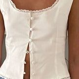 Low Cut O-neck Tank Elegant Buttons Up Lace Patchwork White Solid Sleeveless Vest Streetwear Crop Tops
