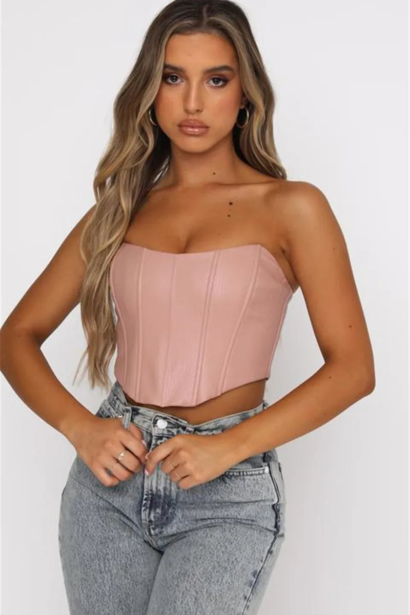 PU Leather Tube Bustiers Corsets Strapless Off Shoulder Tank Vest Bodycon Slim Push Up Outwear Crop Tops